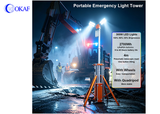 Torre de iluminación de emergencia portátil todo en uno, torre de iluminación telescópica alimentada por batería para rescate contra incendios en la construcción